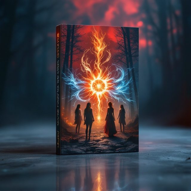Five young, mystical women are dramatically positioned in a circular formation on the book cover. Each controls an elemental power—air (whirling winds), water (swirling waves), fire (blazing flames), earth (cracking stones), and spirit (a glowing ethereal aura). The background showcases a foreboding, dark forest lit by an ominous reddish-blue sky, emphasizing a battle-ready atmosphere. In the distance, faint silhouettes of supernatural hunters lurk ominously. An aura of betrayal and tension is conveyed with sharp contrasts of light and shadow.