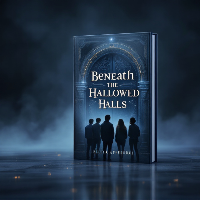 A twilight-esque soft lighting spreads across the cover to evoke mystery, with a hazy backdrop silhouetting four teenagers. They stand facing an intricately designed, ominous-looking wooden door. The door’s design features swirls, carvings, and faint golden accents glowing ever so lightly, hinting at its eerie significance. The teenagers are in shadow, creating suspense, with the light cascading from behind the door. The color palette leans towards muted blues, deep purples, and subtle gold tones, with mist swirling at their feet.