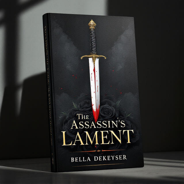 A dagger pierces through a cluster of wilting black roses in the center of the cover, with blood dripping elegantly from the tip of the blade, pooling into the title below. The background is a swirling mix of deep black and crimson red, with faint purple fog framing the edges to create a haunting atmosphere. In the foreground, golden accents trace fine details onto the dagger's hilt and outline the edges of the roses, symbolizing betrayal and luxury.
