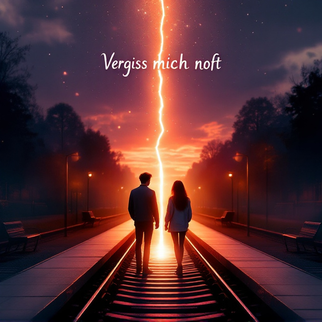 Two teenagers stand facing away from each other on a dimly lit train platform at sunset. The platform is divided by a crack of light, which creates an ethereal glow between them. The light fades into soft shades of orange, pink, and deep violet, reflecting the dying sun. One figure is sharp and vividly real, while the other is translucent, almost like a delicate silhouette of fading memory. The scene is dreamy, filled with a sense of heartbreak and destiny. Tiny details, like train tracks running parallel and empty benches, give depth to the setting.