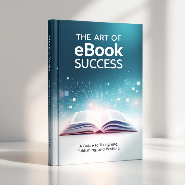 A sleek, modern, and minimalistic design featuring a stylized open eBook at the center with digital and creative elements, such as light rays or pixel effects, radiating outward. The background transitions from a clean white at the bottom to a light gradient in soft teal and blue at the top, signifying digital innovation.