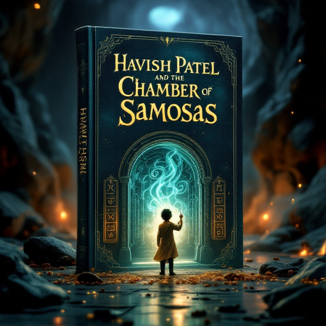 The book cover mirrors the iconic design of "Harry Potter and the Chamber of Secrets." A swirling, otherworldly sense of mystery is created with a dark, eerie backdrop and dimly glowing motifs. At the center, a giant, enchanted samosa with steam curling like ghostly tendrils replaces the dangerous basilisk. Havish Patel, a youthful protagonist gripping a wand, stands cautiously near the chamber's doorway, with glowing inscriptions above it. In the background, shadowy, magical elements like scattered spices creating rune-like patterns swirl amidst darkened stones. A faint golden glow emanates around Havish, creating contrast.