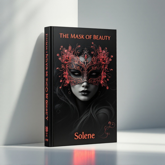 The cover showcases a striking silhouette of a woman wearing an intricately designed mask that merges beauty and mystery. The mask includes detailed floral engravings, glowing faintly in red against a pitch-black background. The woman’s face is half in shadows, and behind her, abstract strokes of black and red swirl subtly in aesthetic patterns to create a sense of inner emotion—happy yet sad.