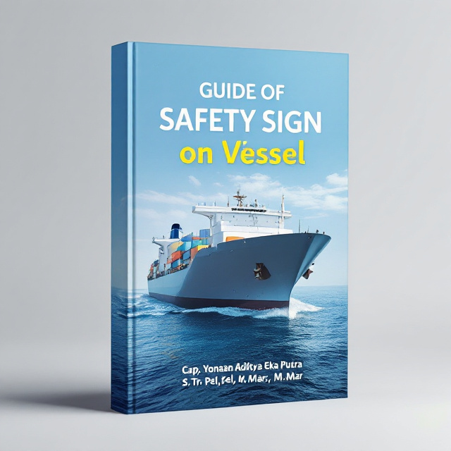 The cover features a high-resolution image of a modern cargo vessel sailing through a calm open sea under a clear blue sky. Overlaid on the vessel are prominent IMO safety signs that subtly blend into the ship’s structure, symbolizing the integration of safety standards into maritime operations. The background fades into a soft gradient from blue to light gray to emphasize professionalism. A slight shimmer effect on the safety signs gives them a sleek, polished appearance, making them the focal point of the design.