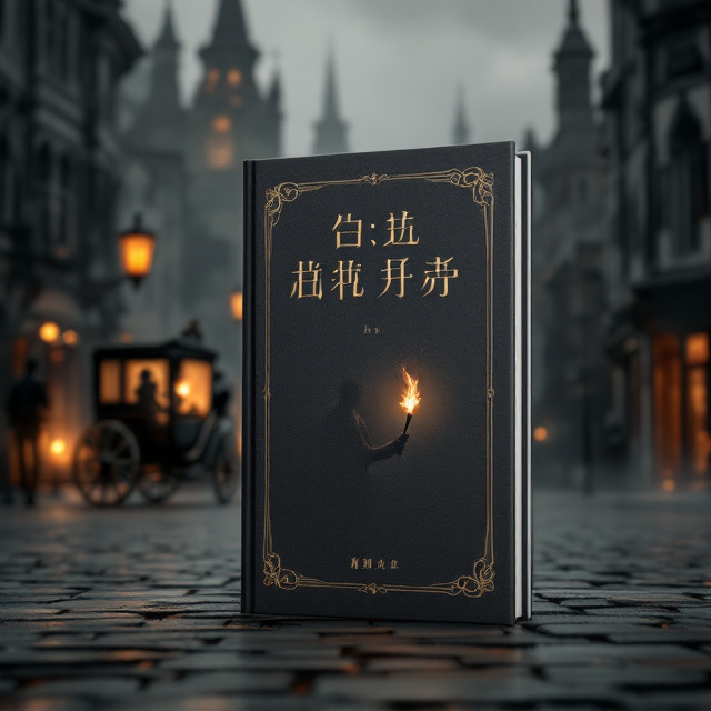A dimly lit Victorian London street scene dominates the cover. The foreground features a shadowy figure walking with marionette-like movements, holding a burning torch. Slightly to one side, a vintage horse-drawn carriage is depicted; its lighted lantern throws a warm glow onto the cobbled street and reveals another silhouette in the carriage window. Towering, gothic-style buildings recede into the foggy gray background, their spires and arched windows visible but blurred. The fire’s orange and yellow tones add a striking contrast to the overall gray palette.