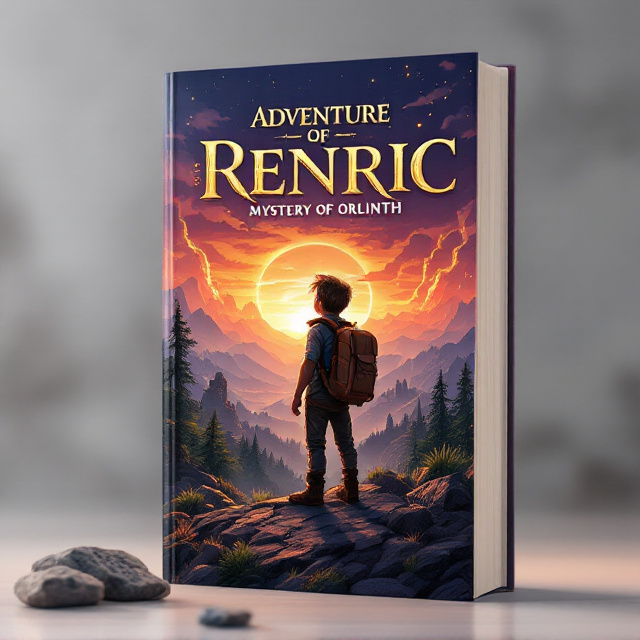 A dynamic illustration featuring a young boy standing boldly atop a rocky mountain peak at dawn. He is wearing a rugged leather backpack with outdoor gear, gazing into the horizon where mysterious glowing ruins and forests extend. The sky transitions from calming purples to burning oranges, symbolizing adventure and mystery. Crisp mountain textures and clouds add depth, and the foreground features scattered ancient carvings on stones.