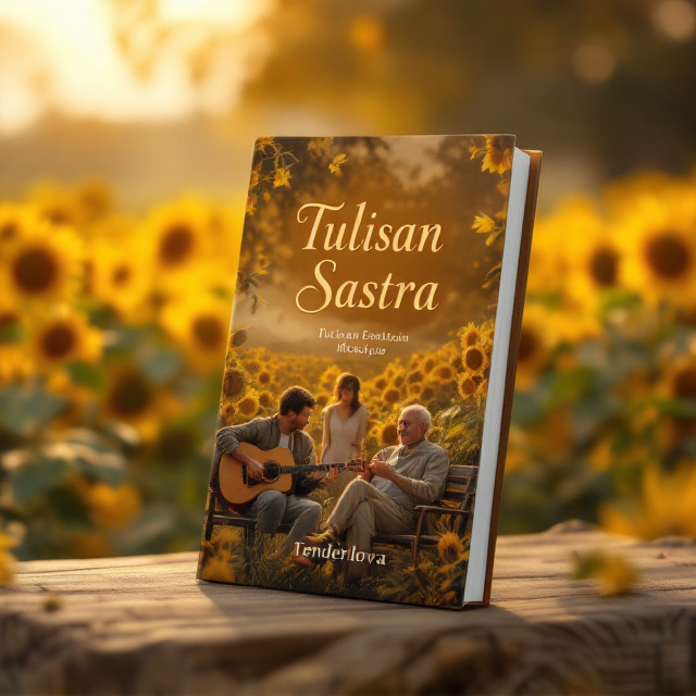 A serene sunflower field taking up the background with warm, golden sunlight casting a soft glow across the scene. In the foreground, the focal point is a man sitting on a wooden park bench, playing a guitar. Beside him, an older man watches, his expression content and proud. Behind them, slightly blurred but still noticeable, is a woman standing with her back turned toward them, as if lost in her thoughts amidst the sunflowers. The scene feels bittersweet, capturing both joy and longing.