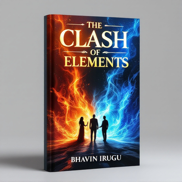 The cover showcases a dramatic scene with a fiery red-orange and deep-blue backdrop showcasing elements of fire and water clashing. In the foreground, two figures stand side-by-side, one emanating bright flames that flare upward, the other surrounded by swirling water, both holding wands glowing with vibrant energy. Opposite them, a solitary antagonist figure towers in a menacing expression, shrouded in shadows, with faint embers and a mist of vapor swirling around them. The fiery and watery energies collide in the center, a massive elemental explosion dominating the middle of the cover, with glowing sparks and splashes adding texture. The top and bottom edges are subtly textured with scorched or bubbling effects to deepen the theme.