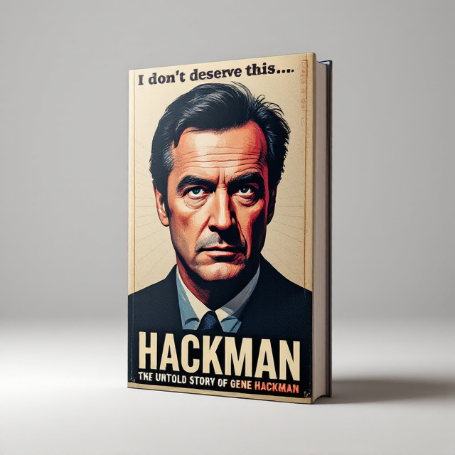 A vintage-inspired pop-art vector illustration of Gene Hackman's face dominates the cover with bold shadows, high contrast, and a slightly grainy film texture. The color palette reflects deep reds, muted blues, and beige, mimicking the 'Hope' campaign poster style. The background showcases subtle retro film reels as a faint pattern to reinforce the theme.