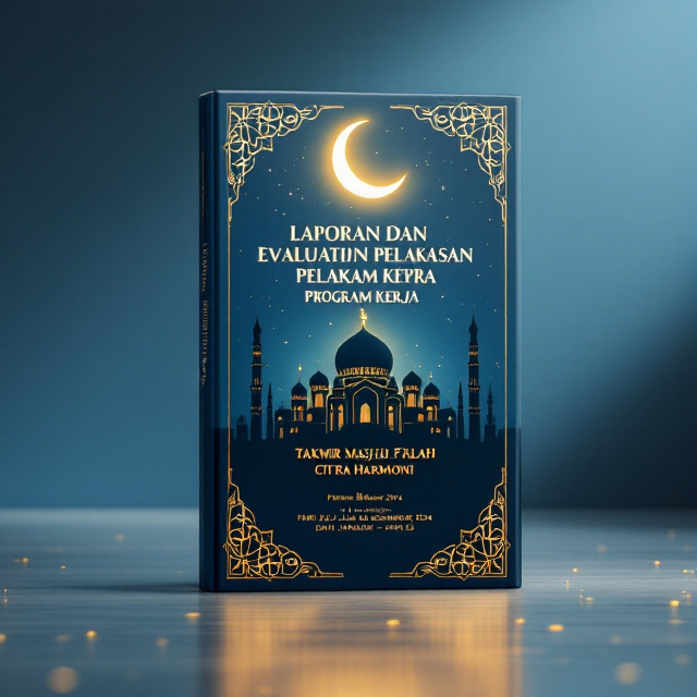 Create a realistic 3D mockup of a standing book titled "LAPORAN DAN EVALUASI PELAKSANAAN PROGRAM KERJA TAKMIR MASJID AL FALAH CITRA HARMONI PERIODE: JUNI – DESEMBER 2024 DAN JANUARI – APRIL 2025", authored by "Takmir Masjid Al Falah Citra Harmoni". The book is displayed prominently in a serene and luxurious setting, with a softly glowing blue gradient background transitioning from deep blue at the top to light blue at the bottom. The cover design features a grand mosque silhouette as the focal point, adorned with subtle golden accents to symbolize divinity and elegance. Above the mosque, a glowing crescent moon and faint stars add a spiritual and aspirational touch. Ornamental Islamic geometric patterns frame the edges of the book cover, creating an intricate yet balanced design. The title is written centrally in an elegant serif font, gold-foiled for a premium and sophisticated look, and arched above the mosque silhouette. The crescent moon is placed just above the title to emphasize upward motion and aspiration. The author’s name is set in a refined sans-serif font, positioned neatly at the bottom of the cover in a soft white hue. Subtitle elements are designed in a matching serif font, slightly smaller and italicized for visual contrast. The geometric borders surround the cover without overpowering the central elements, leaving negative space for an uncluttered and polished appearance. The mockup should display the book standing upright on a smooth, reflective surface to emphasize its glossy finish, with soft spotlights that enhance the golden accents and the luxurious tone of the design. The backdrop may include blurred elements of additional ornamental patterns to subtly reinforce the Islamic theme while keeping the focus on the book cover.