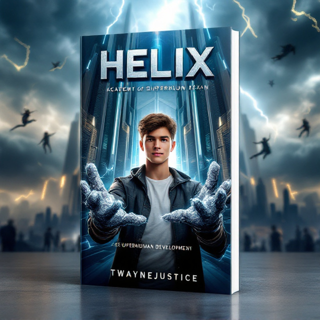 A teenage boy with a confident smirk stands center stage in the foreground, his hands transformed into jagged, silver-coated stone reaching toward the viewer. Behind him looms an awe-inspiring futuristic superhero school, its architecture sleek with silver and metallic tones, glowing softly with neon blue streams of light. The skyline is filled with dynamic storm clouds, glowing yellow streaks of lightning, and distant silhouettes of other superhuman students flying or performing powers. The overall atmosphere radiates energy, adventure, and thrilling danger, with motion emphasized in the swirling clouds and glowing accents around the scene.