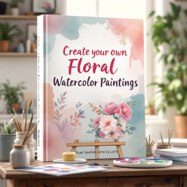 The cover features a cozy and inviting artist's watercolor studio scene, softly lit with natural light streaming through a window. A partially painted floral watercolor piece sits on an easel in the center, surrounded by watercolor supplies such as paint palettes, brushes, jars of water, and colorful open paint tubes scattered on a rustic wooden table. Behind the easel, shelves with neatly arranged floral reference photos, sketchbooks, and small potted plants add depth. The color scheme is pastel-based—soft pinks, blues, greens, and yellows—highlighting a lighthearted and creative atmosphere.