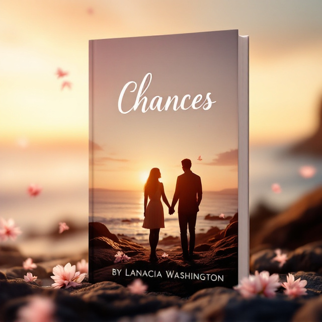 A soft, blurry sunset in the background, symbolizing hope and new beginnings. In the foreground, a couple holding hands outlined in silhouette, standing on a rocky shoreline, which represents emotional struggle. A few falling cherry blossoms scatter across the scene, hinting at fleeting moments of love and happiness.