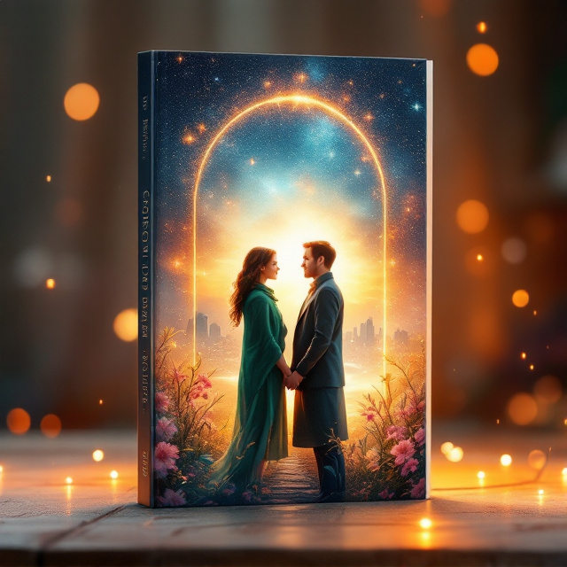 Victoria and Jonathan stand at the center of the cover, facing each other with their hands gently intertwined. A glowing cosmic, starry sky arcs above them, fading softly into the background. A path extends behind them, leading toward a serene horizon. On the left side of the cover, soft flowers and leaves bloom, adding calming natural tones and conveying rebirth. On the right side, there’s a minimalistic cityscape fading into the distance. Victoria’s emerald green scarf elegantly drapes over her shoulders, gently lifted by the breeze. Subtle golden light cascades around the couple, further emphasizing their love and hope.