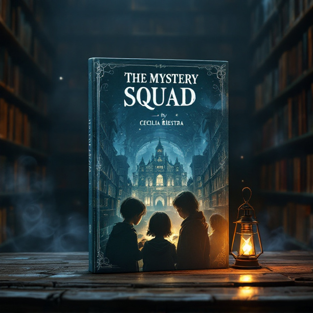A dimly lit old library forms the background, filled with towering bookshelves packed with ancient, weathered books. The center focus is a wooden table at the bottom of the cover, slightly angled toward the reader, with a small lantern glowing faintly, casting eerie shadows across its surface. At the table, four children (two girls and two boys) are depicted in silhouette or semi-detailed shadowy figures, all gathered closely in a moment of suspenseful curiosity as they examine something. The atmosphere is mysterious, with swirling mist adding an extra layer of intrigue and blending into the dim highlights of the background scene.