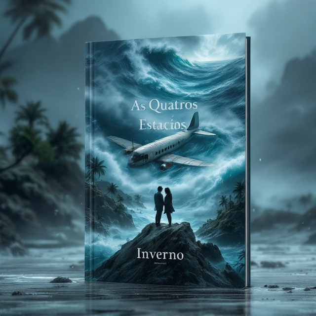 A surreal and dramatic scene of an Asian archipelago during a stormy, chaotic moment. The background features a wild, churning blue ocean with high, crashing waves. An old monomotor plane is partially submerged, battered against the sharp rocks of the shoreline. Surrounding the scene are silhouettes of swaying palm trees on small islands shrouded in mist and heavy fog. In the foreground, a couple stands on the edge of a jagged rock, holding onto each other, their faces etched with fear and desperation. The overall color palette is dominated by moody grays, white mist, and deep blues, capturing the intensity and emotion of the moment.
