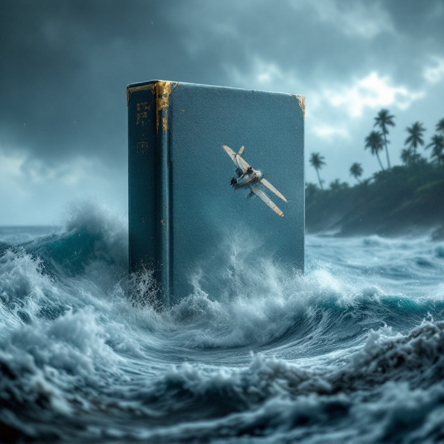 A dramatic depiction of a raging Asian island setting during a terrifying storm. In the foreground, enormous waves over 3 meters high crash against each other, their crests foamy and wild. A small, battered monomotor plane is pitched diagonally amidst the waves, with its nose barely above water. A couple is shown diving into the waves together, their figures partially obscured by mist and sea spray. The background is dominated by faint silhouettes of palm trees on an Asian island shrouded in heavy mist and grayish fog, adding an air of mystery and fear. The sky above is gloomy with a dark, cloudy atmosphere, threatening further chaos. Subtle reflections glimmer on the water for added depth, with a coordinated cinematic look.