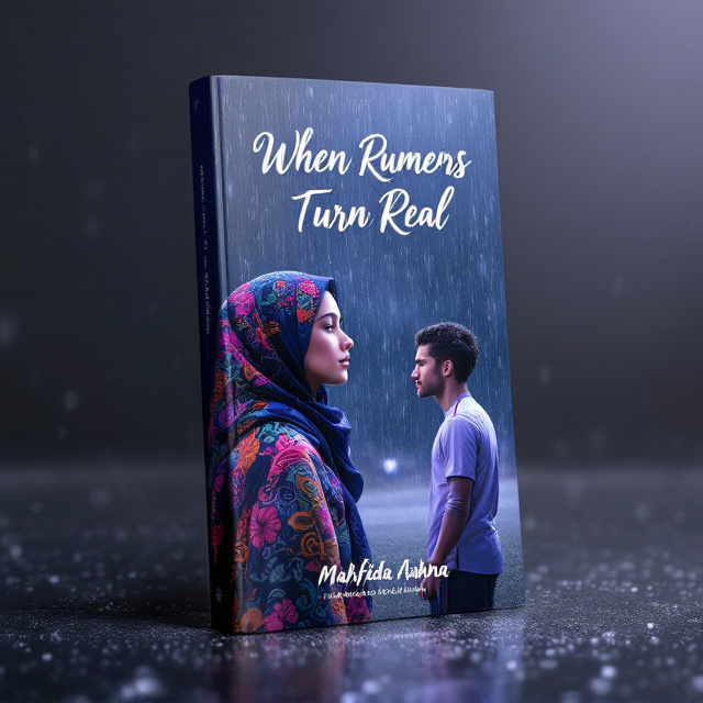 A girl wearing a colorful, intricately designed hijab is placed on the left of the cover, her expression soft with hope, standing under a cascade of clear raindrops. On the right, a guy in soccer gear is seen on a rainy soccer field, looking straight at her with admiration. Raindrops dominate the top portion of the cover, cascading over the scene as streaks of rain blur slightly in the background. The field is bathed in muted tones of purple and navy blue, giving it a desi-inspired romantic ambiance.