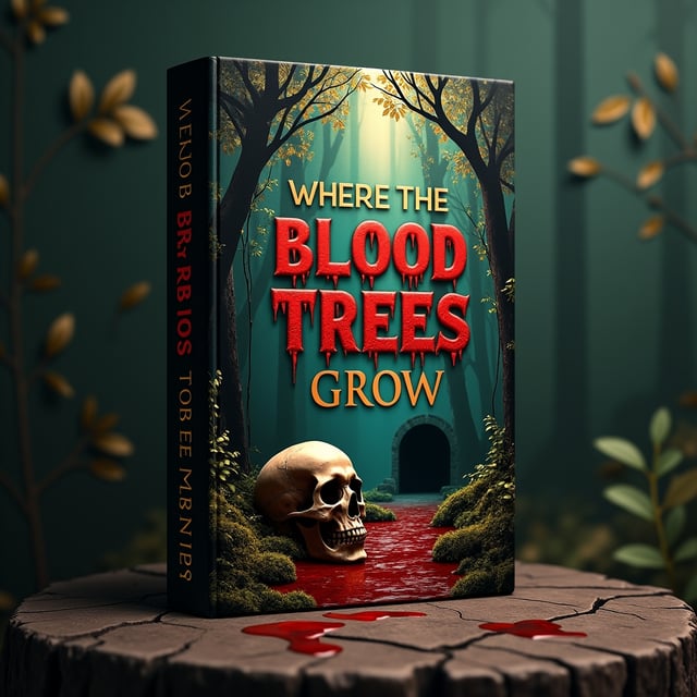 The book cover features a dense, ominous forest backdrop. The trees have dark, gnarled branches with gold-tinted leaves that catch glimpses of eerie, soft light streaming from above. Dark red blood drips from the trees, staining the ground. In the foreground lies an aged skull, half-buried in soil and moss, surrounded by bloody vines. In the mid-ground, a shadowy cave entrance looms, partially obscured by trailing vines and a misty atmosphere, hinting at secrecy and danger. The overall palette consists of deep, foreboding shades of green, crimson, and hints of luminous gold for contrast.