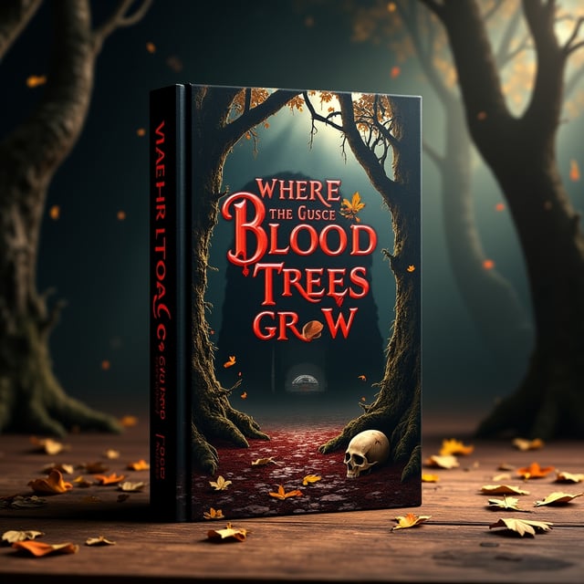 A dense, shadowy forest dominates the cover, with vines entwining the trees. Dark red blood drips from the bark and branches of the trees, pooling subtly on the forest floor. Gold leaves shimmer and glow under a dappled beam of soft light breaking through the dense canopy. A foreboding cave looms in the background, its entrance shrouded in darkness, sending an unsettling chill. On the ground in the foreground, a small, weathered skull lies amid the scattered gold leaves, its hollow sockets staring hauntingly into the viewer's soul.