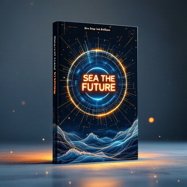 A futuristic maritime design with a background featuring a digital, glowing ocean wave pattern in shades of blue, blending with golden streaks of light that resemble shimmering sunlight reflecting on the water. A technical, modern circular hologram element sits in the center with small, intricate geometric patterns radiating outward, evoking a sense of innovation. The title is positioned boldly in the upper middle section while the bottom section contains subtle, layered overlays of futuristic charts and maritime symbols like sonar waves and compasses.