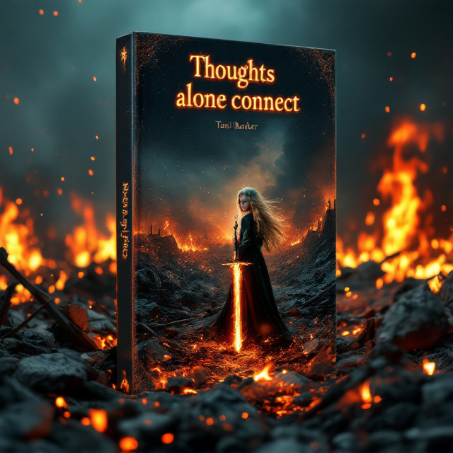 A somber battlefield engulfed in flames serves as the backdrop. The central focus is a lone girl with cascading blonde hair and piercing teal eyes, standing amidst the wreckage, holding a sword glowing subtly with embers. Her expression is heartbreakingly forlorn, emphasizing sadness. The fire spreads around her, with ashes and embers floating in the air. The sky above is dark, tinged with orange and red hues of firelight, creating a dramatic and intense atmosphere.