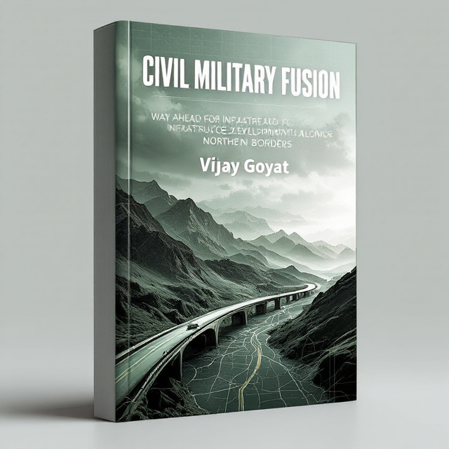 The cover features a striking image of rugged mountainous terrain along a northern border with a faint outline of modern military infrastructure, including a futuristic dual-use bridge and a sleek military convoy blending into a civilian road. Subtle gridlines overlay the image to convey strategy and planning. The top half of the background softly transitions into a cloudy sky, symbolizing vision and infinite possibilities, while the bottom edge showcases a map-like pattern. A diagonal gradient of military green to steel gray dominates the color palette.