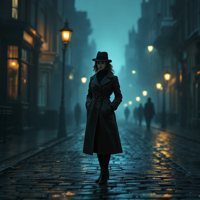 A solitary woman, clad in a well-fitted Victorian detective trench coat and a bowler hat, stands in the middle of a dimly lit cobblestone street shrouded in dense London fog. Gas streetlights flicker faintly, casting long shadows against the uneven, wet cobblestones. The streets are empty except for indistinct silhouettes looming in the gloom of the background. Her expression is determined, though subtly shadowed with fear, as she holds a pocketwatch in one hand and a magnifying glass in the other, symbolizing investigation and racing against time. The colors are dark and muted—navy blues, deep grays, and pale yellows dominate—emphasizing a sinister and lonely atmosphere.