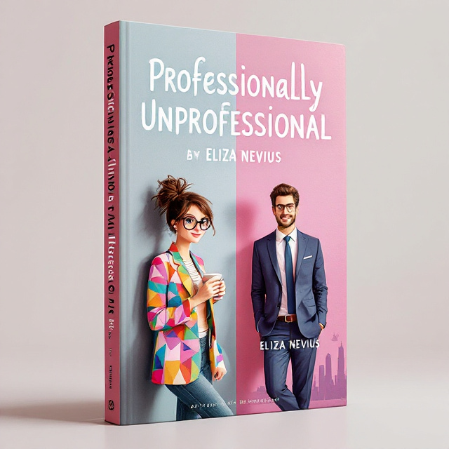 A vibrant and playful illustrated cover. Lexie is depicted as a petite brunette with glasses, messy hair in a loose bun, and a colorful, quirky outfit—perhaps holding a coffee mug or a manuscript. She leans against a modern office wall divided in two styles, with one side painted in a sleek, minimalistic gray tone (symbolizing Ben's calm, polished side) and her side painted in chaotic, pastel “unicorn-vomit purple.” Ben, tall and dashing in a crisp navy suit, stands on the other side of the wall, peeking over the edge with a slightly amused and raised-brow look. The backdrop hints at Chicago's skyline with some muted tones for subtlety. A few light comedic elements, like tipped-over coffee mugs or paper airplanes, are scattered around to reveal the clash of their personalities.
