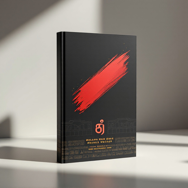 The cover features a bold and contrasting black background with a vivid red religious sandalwood (വിഭവം) mark brushed diagonally across the center. At the bottom, faint and faded outlines of ancient inscriptions or stone sculpture carvings run horizontally, symbolizing history and tradition. A minimalistic golden glow subtly emanates from the red sandalwood mark to evoke spiritual intensity. The top-right corner includes a faint silhouette of a political procession, portrayed in abstract lines and shadows, blending politics and history.