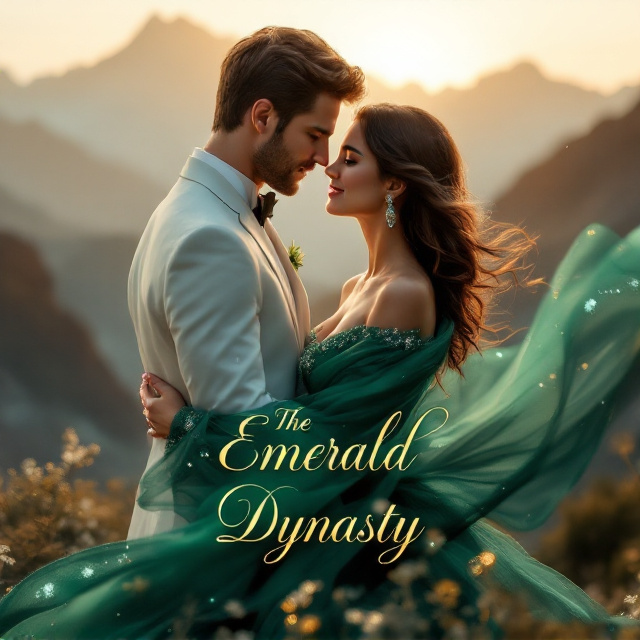 A romantic scene of the Andes Mountains bathed in soft, golden sunset light forms the distant background. The 42-year-old white male in a crisp, tailored white dinner jacket is gazing lovingly into the eyes of his brunette female companion, who is wearing a flowing emerald-green dress that moves gracefully as if caught in the wind. Emeralds sparkle subtly on her neckline or earrings, echoing the title of the book. Their embrace is intimate yet elegant, with their faces close but still leaving space for a sense of longing and connection. The foreground highlights their love while the Andes and a glimmering emerald hue envelop the entire design, creating depth and focus.