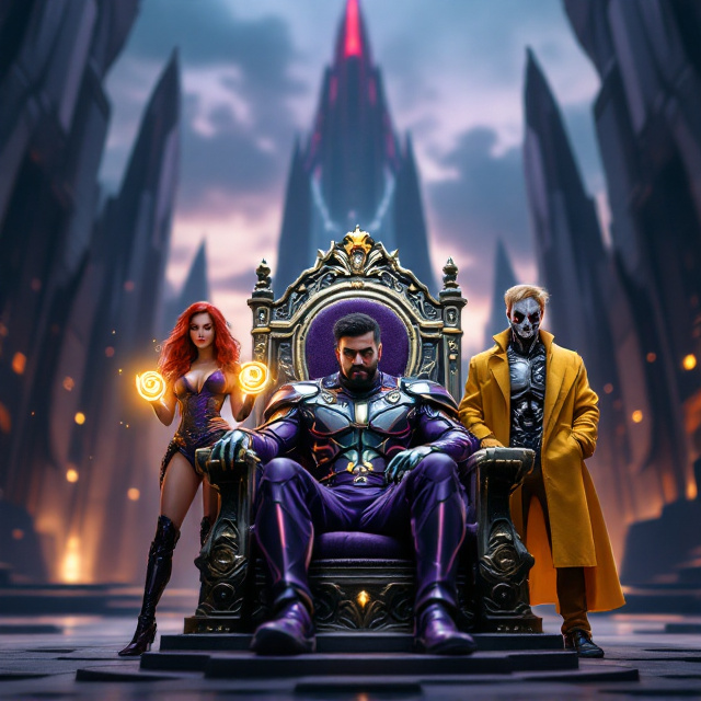 The central figure is the black-haired man in a commanding pose on the throne, set on a raised platform. His high-tech purple and green armor glints with metallic reflections, the golden crown slightly tilted on his head. His bored and tired expression contrasts sharply with the tense stance of the scowling redheaded woman standing slightly behind and to the left, her hands surrounded by glowing, swirling yellow energy. To the right, the smiling blonde man stands casually, but the torn left side of his face reveals a robotic metallic skull underneath, adding a sinister undertone. The throne rests in front of a soaring, spire-like futuristic building in the background, lit by a moody twilight sky of purples, oranges, and blues. A subtle haze surrounds the background, emphasizing the three main characters.
