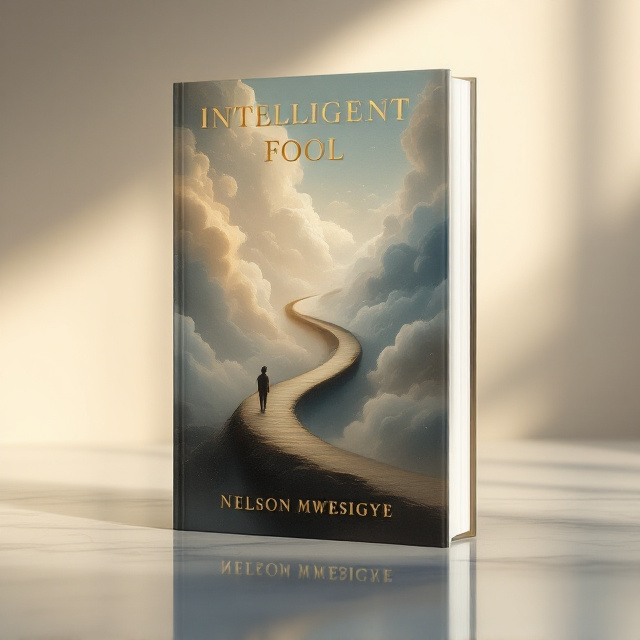 A solitary, abstracted figure of a man standing on a narrow winding bridge that disintegrates into clouds, illustrating a metaphor for introspection and the conflict between wisdom and foolishness. Muted tones of earthy browns and pale blues dominate the background, with soft, diffused lighting giving a dreamlike quality. A faint, symbolic ouroboros (a snake eating its own tail) is subtly integrated into the background clouds, hinting at the cyclical nature of self-awareness.