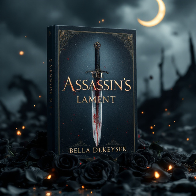 A darkened, stormy backdrop of a shattered battlefield, with a central focus on a sleek, blood-streaked dagger impaled into the ground. Encircling the dagger is a delicate arrangement of black roses with petals scattered in the wind. In the background, a faint crescent moon glows ominously, with a faint outline of a decorative ring hanging in the air as if suspended by magic. Small embers and golden sparks scatter across the scene, breaking the darkness with hints of life and destruction.