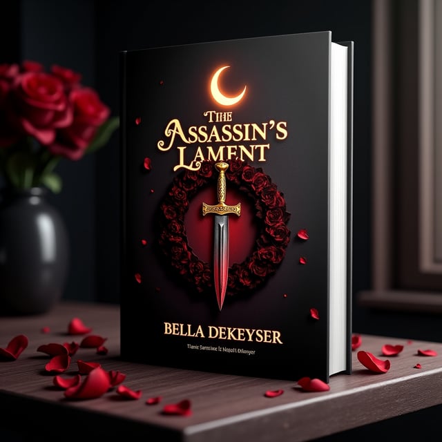 A dark, textured background of black fading into deep crimson tones. A single glinting gold dagger pierces through a wreath of black roses, with petals falling gently, some stained with droplets of blood. Above the dagger, a glowing crescent moon casts a dim, ethereal glow over the scene. The dagger’s hilt is decorated with fine gold filigree. Subtle cracks and shadows add to the feeling of corruption and decay, with faint ghostly vines curling along the edges.