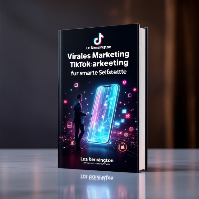 The cover features a sleek, modern smartphone at the center, tilted slightly to indicate motion and energy. From the screen, dynamic neon light streaks in TikTok brand colors (magenta, cyan, black) emanate outward, carrying social media icons like hearts, comments, and shares. On the left side of the phone stands a stylish gender-neutral silhouette dressed in smart business attire, exuding confidence and inspiration. The background is a subtle gradient of black to dark gold, giving the design depth and a touch of sophistication. Around the edges are faint impressions of additional social media symbols beneath the streaks, creating a tech-driven ambiance.
