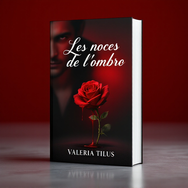 A close-up of a single red rose placed in the center of the cover. A trail of blood drips from one of the rose's petals, pooling delicately at the bottom of the cover. The background is a gradient blend of deep red fading into pure black, creating a moody and dramatic atmosphere. A shadowy masculine figure is partially visible in the background, his intense gaze hinting at desire and secrets. The lighting focuses on the rose, making it the central element that captures attention.
