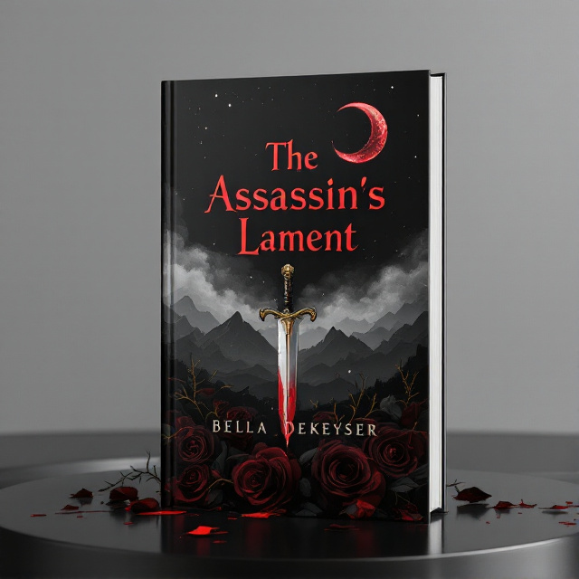 A dark, moody background dominated by a crimson crescent moon hanging in the upper right corner, against a black sky streaked with misty silver clouds. In the foreground, a singular ornate dagger drips blood onto the petals of crushed, shadowy black roses. The roses form the lower perimeter of the composition, with thorns creeping toward the edges of the cover. Faint golden veins run through the roses, adding an element of decay and luxury. Subtle silhouettes of distant mountains add depth to the background while enhancing the sense of mystery.