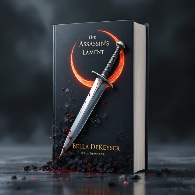 A dark, stormy night sky dominates the background with a blood-red crescent moon hanging low. A silver dagger, sharp and bloodstained, rests diagonally across the center of the cover, partially piercing an arrangement of delicate, wilted black flowers. Faint golden mist swirls around the dagger and moon, giving an ethereal, magical touch. Drops of blood drip from the dagger onto the petals below, pooling into the book title area.