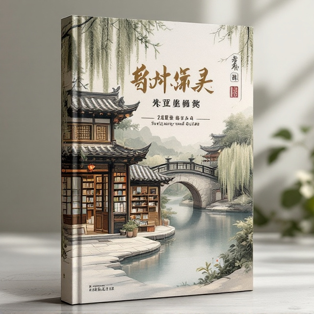 The cover showcases an intricate painting-style illustration of Suzhou's Pingjiang Road in a summer setting. The foreground highlights an inviting traditional Chinese bookstore with wooden architectural details and open shelves filled with books. In the background, a scenic waterway flows calmly under a small arched stone bridge, surrounded by lush greenery and willows gently swaying in the breeze. The entire composition is accented with soft muted tones, capturing the serene "江南" aesthetic and blending it harmoniously with subtle brushstroke textures that convey an artistic look.