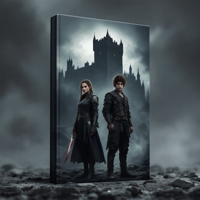 The cover features a dark, looming medieval castle faintly lit by an overcast sky in the background. In the foreground, the assassin girl, with brunette hair tied back, sharp hazel eyes, and a determined expression, is depicted holding a sleek, blood-stained dagger by her side. She is slightly leaning forward, suggesting stealth and tension. Beside her, the boy stands upright, slightly taller, his dark brown hair tousled, amber eyes glowing faintly with intensity, dressed in rugged medieval attire. They both stand on a rocky terrain with mist swirling low around their feet to enhance the eerie, foreboding mood in a grey-dominant color palette with hints of amber and crimson.