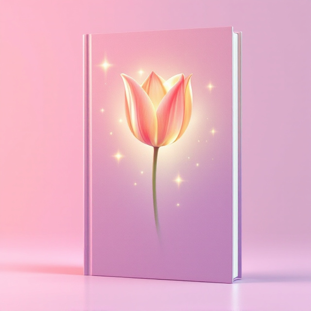 A single vivid tulip flower in bloom, centered against a soft gradient background transitioning from warm pink to light lavender, creating a dreamy and feminine atmosphere. Soft, glowing petals of the tulip are detailed to appear almost real, with blurred edges fading into the background. Gentle flares of light surround the flower, emphasizing its delicate beauty and evoking a serene and uplifting mood.