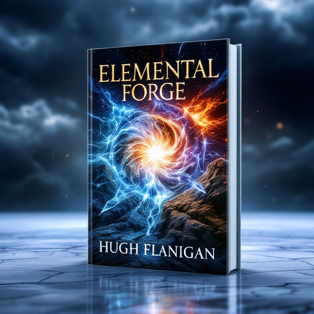 The cover features an intense and dynamic scene where five elemental forces (ice, fire, earth, wind, and water) converge at the center, forming a radiant, swirling vortex of energy. Ice is represented with jagged, frosty blue shards, fire with blazing orange and red flames, earth as cracked, textured soil and glowing rocks, wind as twisting gusts of translucent white and gray, and water as crashing, crystalline waves. The background is dark and moody, with hints of an ominous sky filled with storm clouds and lightning streaks, giving it an action-packed and adventurous tone. Subtle glowing particles and a faint magical aura surround the merge point of the elements.