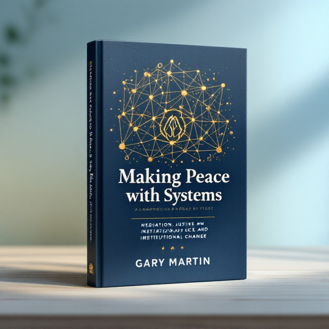 A navy blue background softly blending into light blue at the edges. At the center, a stylized golden network resembling interwoven pathways or gears creates a symbolic, interconnected bridge system. Amid the network, abstract geometric shapes—triangles and circles—interlock to resemble a mosaic. Subtly embedded at the corners are hand-drawn elements, such as clasped hands and a budding tree, emphasizing the human-centered aspect. Warm gradients sweep subtly through the background, giving life and warmth to the design. A small badge reading "A Companion to Peace by Piece" is positioned below the title.