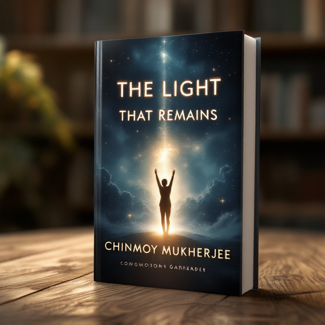 A glowing silhouette of a person reaching upward, fading into a background of soft, ethereal light that transitions into dark stormy clouds. The edges are blurred to create a dreamlike effect, with faint imagery of stars scattered across the corners, suggesting a connection between life, death, and the unknown.