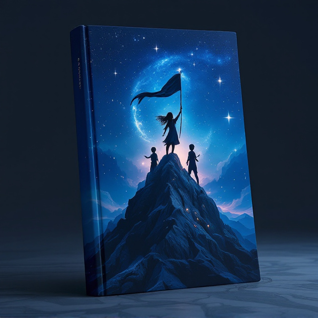 A breathtaking dark blue night sky filled with radiant, magical stars arcs over the cover. The stars appear slightly ethereal, as if glowing with hidden energy. In the foreground, three young figures stand heroically atop a jagged mountain peak bathed in faint silver moonlight. The girl in the center holds a flag high, its edges caught in a gentle, cosmic breeze. The two boys, dressed in adventurous outfits, wield magical tools or glowing objects. The mountain is rendered in dark, muted tones with mystical carvings faintly glowing near its base, emphasizing the fantasy genre.