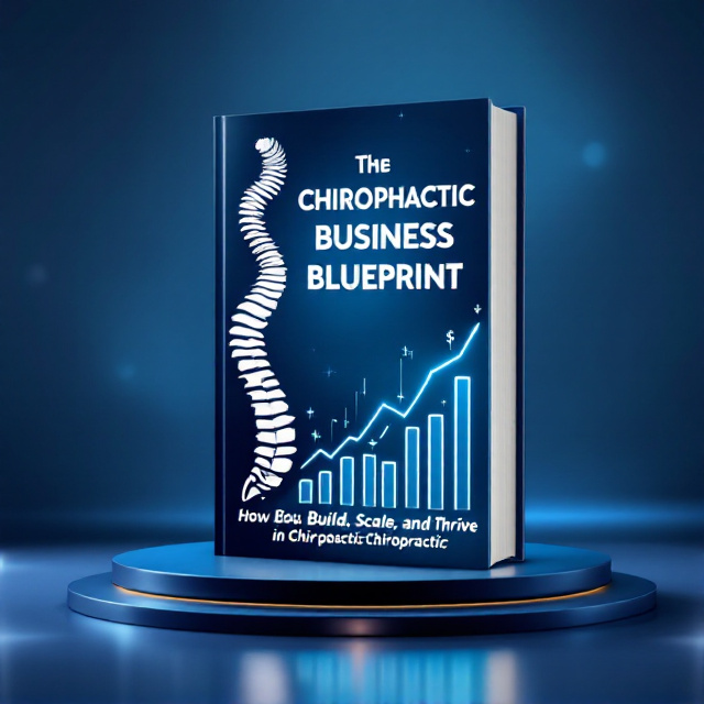 A professional blend of a chiropractic spine illustration on the left side morphing into a financial graph with rising lines and dollar signs on the right side. The background has a modern blue gradient transitioning from deep navy to light sky blue. The central focus of the design appears dynamic, with business icons like a briefcase, charts, and dollar symbols subtly embedded in the background. The cover includes a rounded, glossy effect to give a polished, sleek finish.