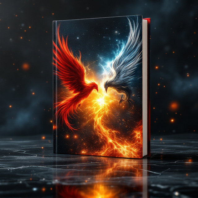 The cover shows a dramatic battle scene set against a vast cosmic sky drenched in deep, dark space black with hints of starlight. The focal point is two colossal phoenixes—one fiery red-gold and radiant, the other smoky gray-black with glowing ember-like edges—locked in an intense combat mid-air. Fireballs, vividly detailed with crackling textures, are hurtling through the atmosphere as their wings spread wide, filling the upper portion of the cover. The lower section depicts scorched, molten terrain shrouded in mist, reinforcing the fantasy theme.