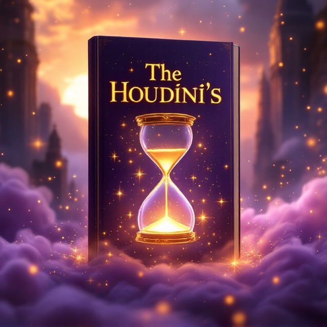 A mystical golden hour scene with a grand, glowing hourglass floating mid-air, surrounded by swirling, shimmering purple smoke. In the background, a faded silhouette of towering ancient buildings floats above clouds, giving it an otherworldly, magical atmosphere. Scattered sparkles and glowing orbs dance across the entire cover, amplifying the element of mystery and magic.