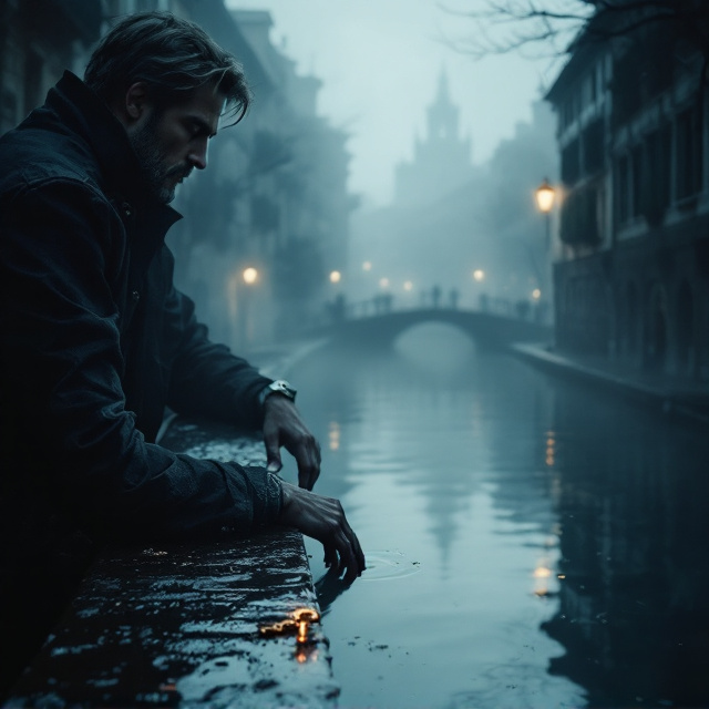 A mist-covered scene set in the Navigli canal district of Milan, where the historic buildings emerge faintly through dense fog, their silhouettes softened. The dark waters dominate the lower third of the cover, with faint, distorted reflections adding an eerie effect. A tall, lean male figure with graying brown hair appears partially visible in the mid-ground, leaning over the canal's edge in contemplation, his antique wristwatch glinting faintly in the muted amber light. Hidden within the hints of water reflections, there’s a barely noticeable shadow suggesting a figure or object submerged. A small golden key rests on the wet stone canal edge, subtle but present, offering a mysterious detail. The overall color palette includes deep blues, stormy grays, and black, highlighted by selective touches of warm amber and muted crimson.